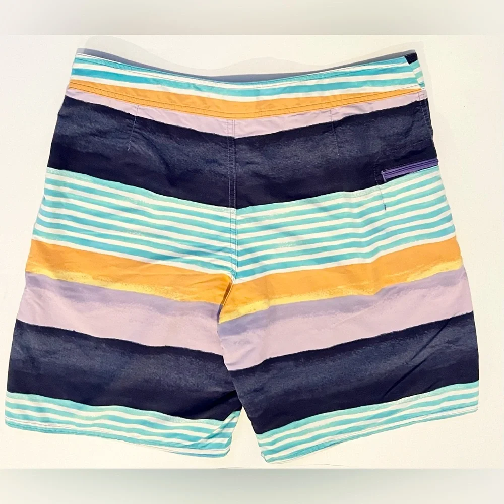 Patagonia Swim Board Shorts Trunks Mens 34 Blue Orange Striped Beach zip Pocket